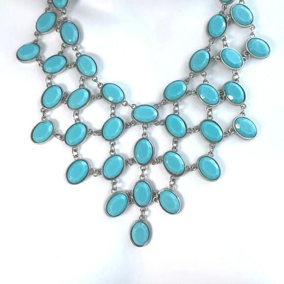 Turquoise Blue Crystal Statement Bib Necklace Silver Tone Trend Fashion Jewelry - Picture 1 of 7